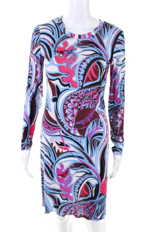 Warehouse Sale Emilio Pucci Womens Long Sleeve Abstract Sheath Dress Pink Blue White Warehouse Sale Emilio Pucci Womens Long Sleeve Abstract Sheath Dress Pink Blue White