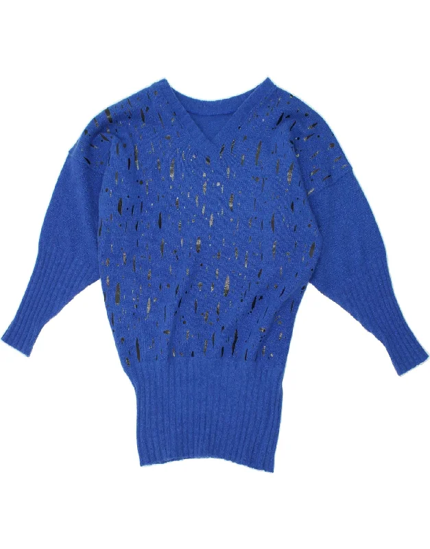 Super Savings VINTAGE Womens Graphic V-Neck Jumper Sweater UK 10 Small Blue Geometric