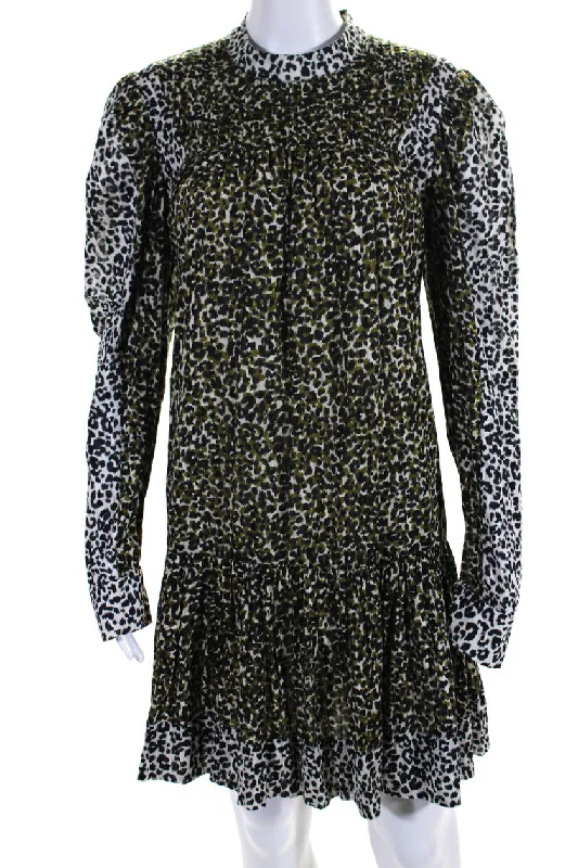Members Only Ulla Johnson Womens Long Sleeve Leopard Print Shift Dress Black Green