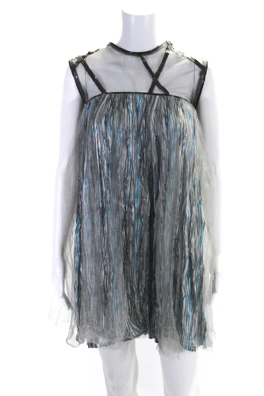 Price Smash Herion Womens Patent Leather Trim Tulle Mini Babydoll Dress Blue Gray