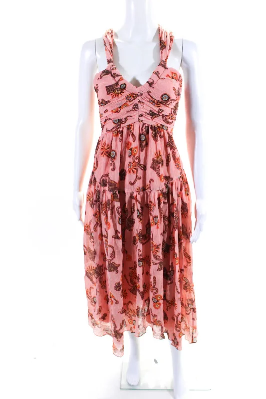 Quick Sale ALC Womens Jaylin Floral V Neck Racerback Cutout Midi Dress Sandstone