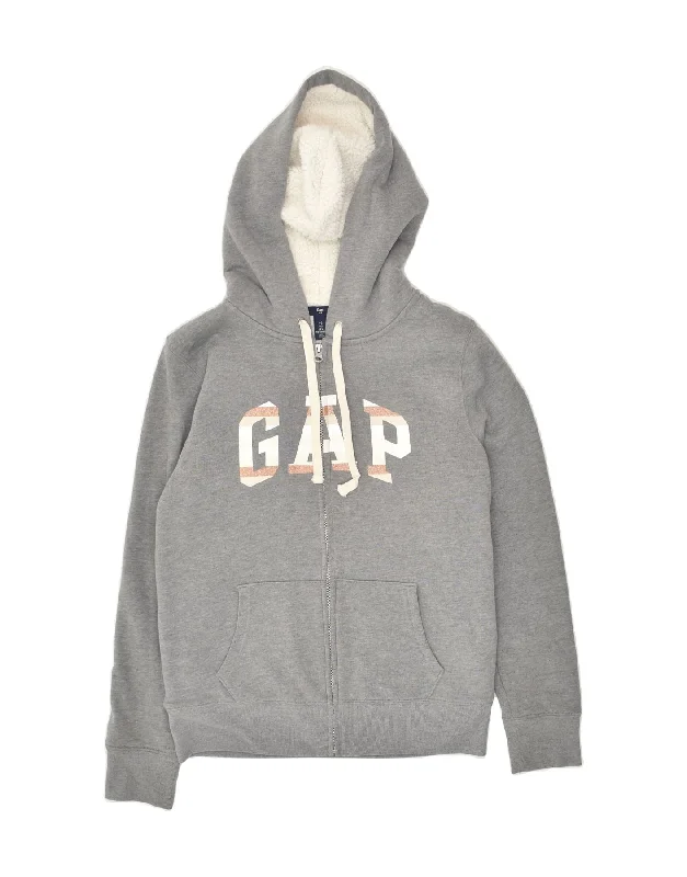 Year-End Sale GAP Womens Sherpa Graphic Zip Hoodie Sweater UK 10 Small Grey Cotton