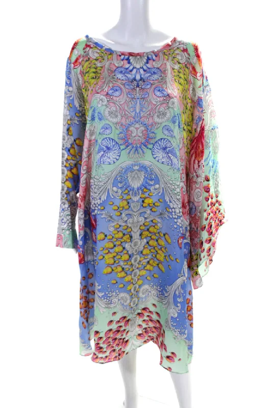 Special Discount Kore Collections Womens Silk Graphic Print Long Sleeve A-Line Dress Blue