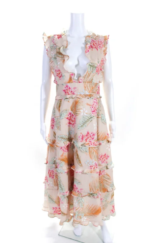 Limited Time Discount Adeam Womens Floral Hibiscus Print Ruffled Trim Tiered A-Line Maxi Dress