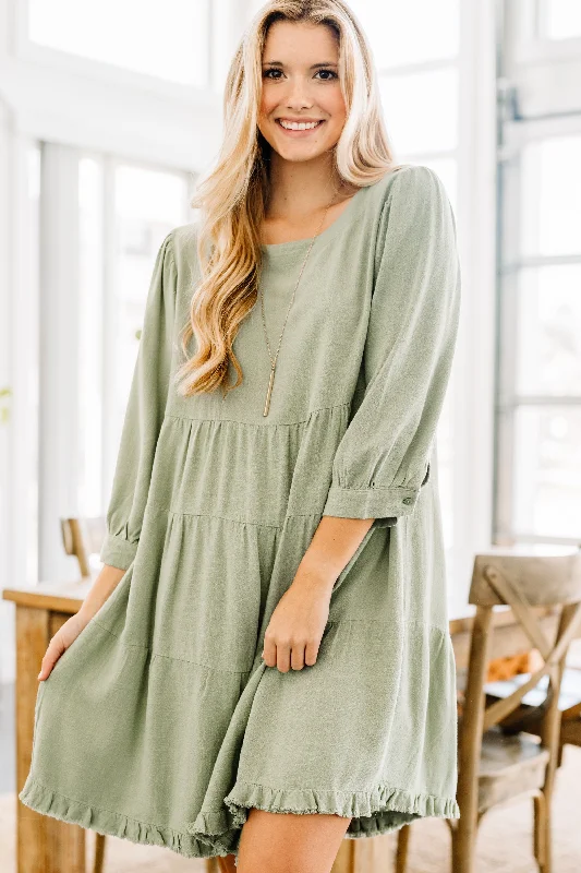 New Markdowns Turn To Me Sage Green Tiered Linen Dress