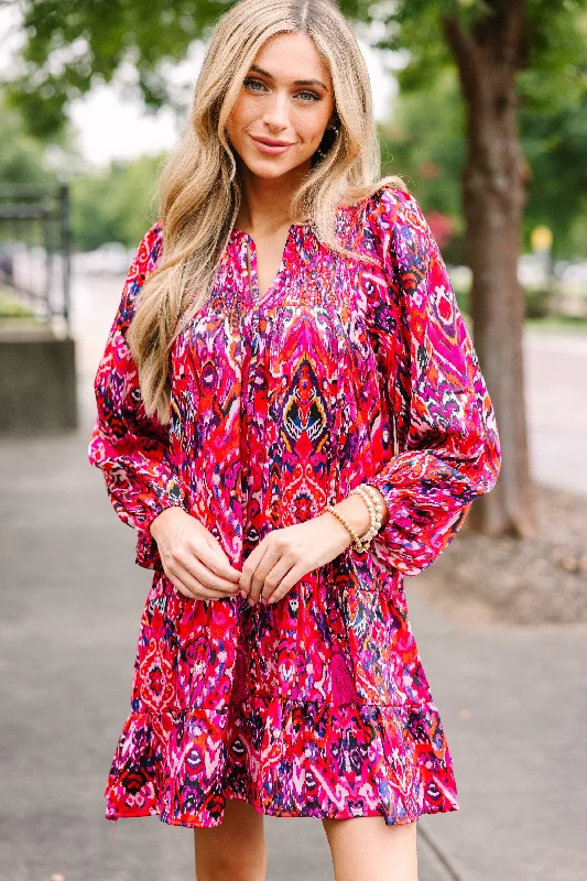 Special Promotion Keep You Happy Fuchsia Pink Abstract Babydoll Dress