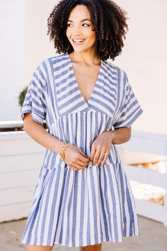 Price Cut Under The Sun Navy Blue Striped Dress