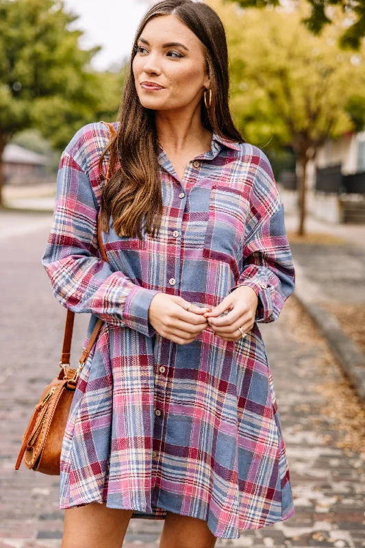 Anniversary Sale Work On It Dusty Blue Plaid Dress