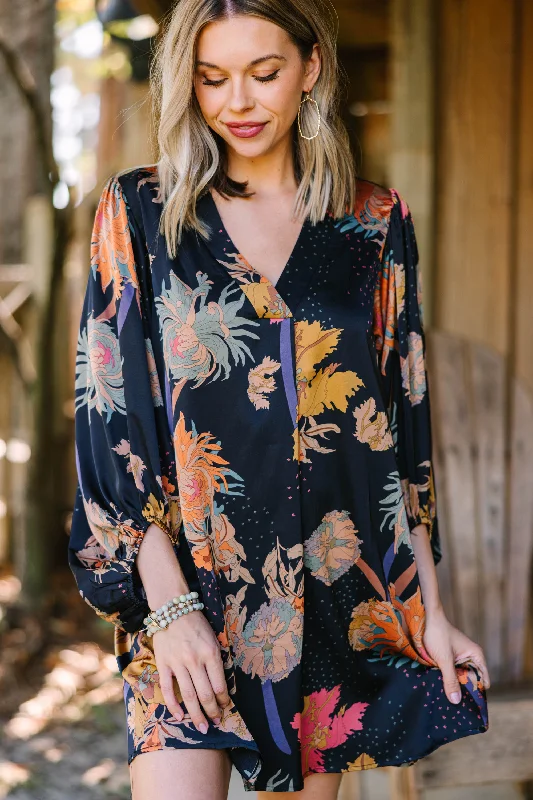 Deep Discounts Feeling Fun Black Floral Bubble Sleeve Dress
