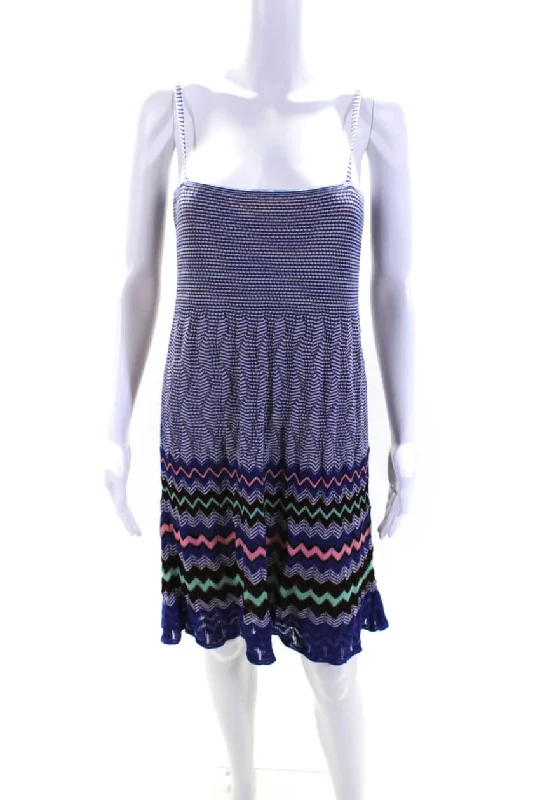 Epic Deals Missoni Womens Square Neck Chevron Print Knee Length Knit Dress Blue