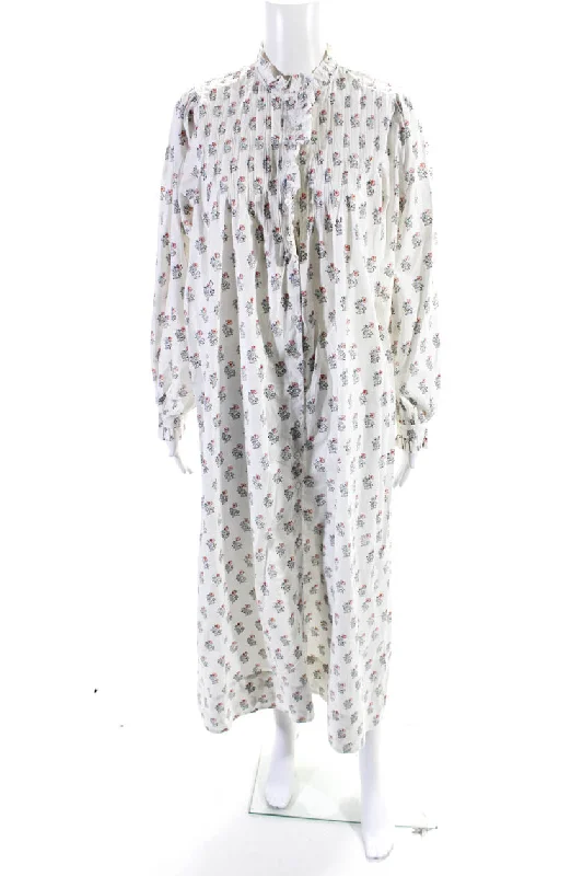 Instant Discount Doen Womens Pintuck Floral Puff Sleeve Frill Neck Shirt Dress White