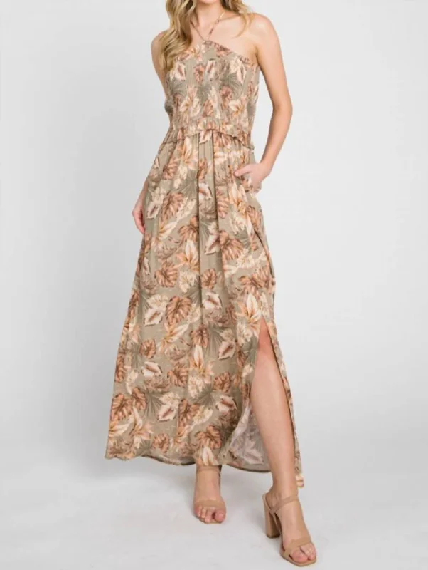 Savings Event Halter Neck Smocked Maxi Dress In Olive Multi