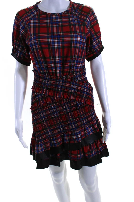Flash Sale Tanya Taylor Womens Asymmetric Smocked Plaid Sheath Dress Red Blue Green