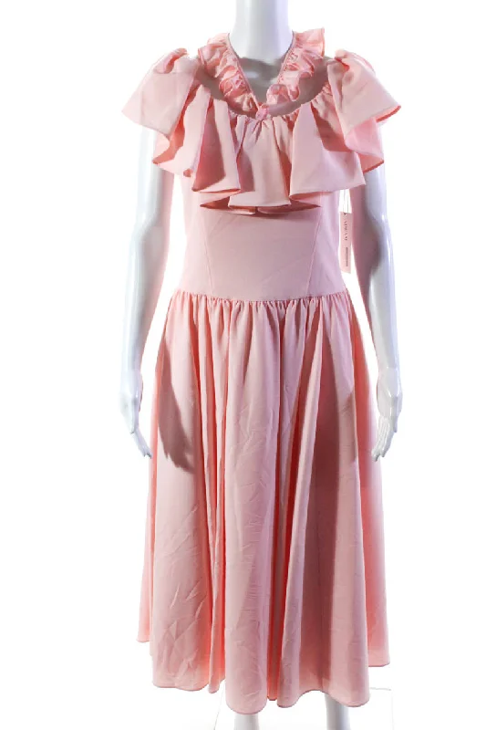 Final Clearance Adeam Womens Boat Nek Ruffle Sleeveless Fit Flare Goldfish Maxi Dress Pink
