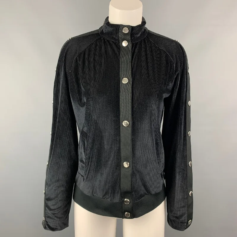 Online Only LOVE MOSCHINO Size 6 Black Textured Polyester Snap Button Bomber Jacket