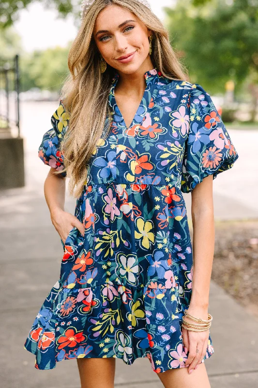 Daily Deals THML: On My Mind Navy Blue Floral Babydoll Dress