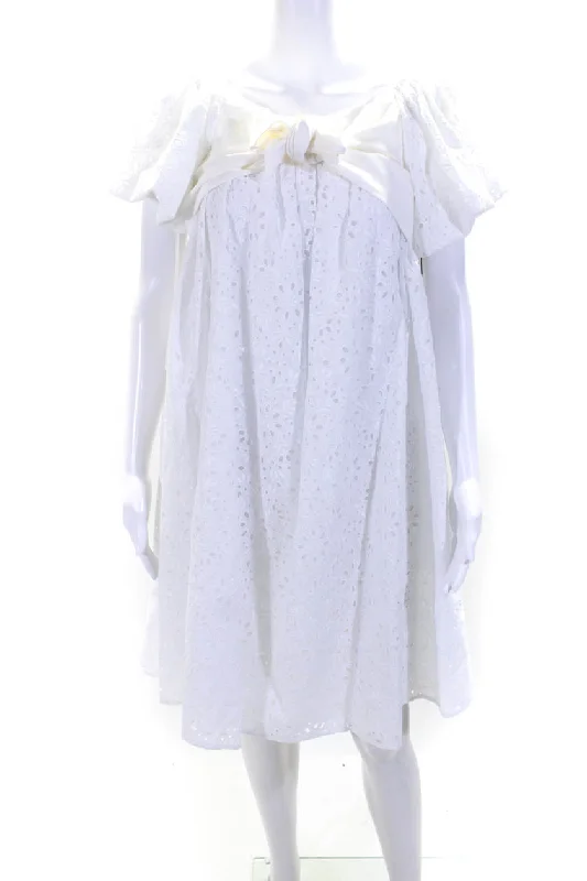 Inventory Reduction Adeam Womens Wildflower Embroidered Eyelet Puff Sleeve Shift Dress White