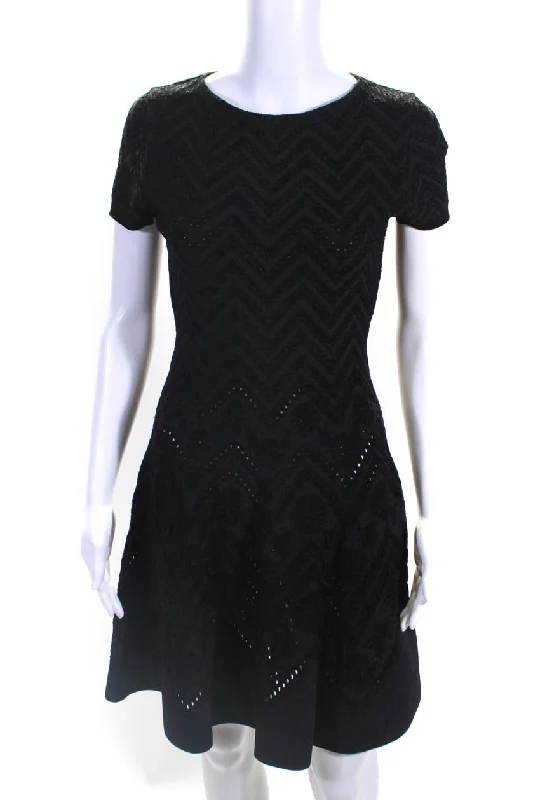 Deal of the Day Valentino Womens Short Sleeve Crew Neck Knit Flare Dress Black