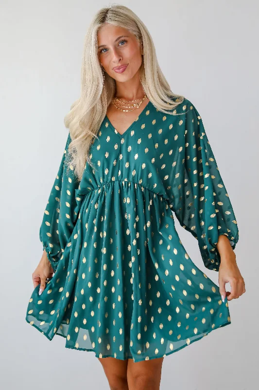 Midnight Madness Gorgeous Favorite Hunter Green Dotted Babydoll Mini Dress