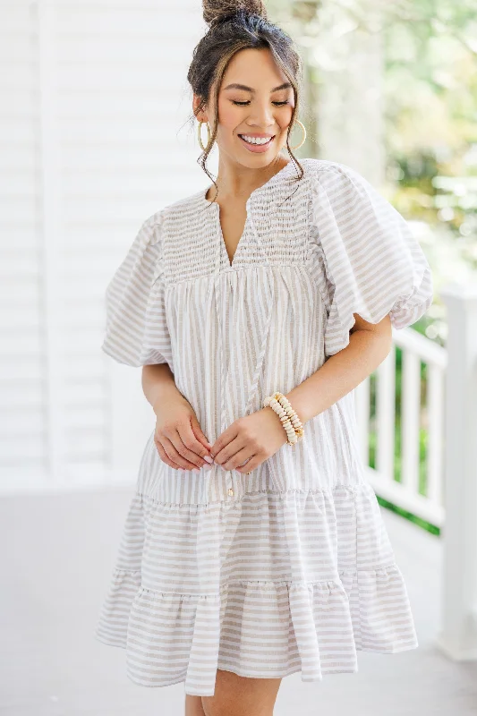 Midnight Sale Face The Day Sand Brown Striped Dress