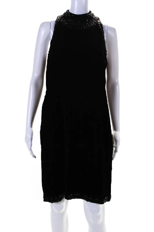 One-DAY Sale Badgley Mischka Womens Back Zip Sequin Beaded Trim Velvet Dress Black