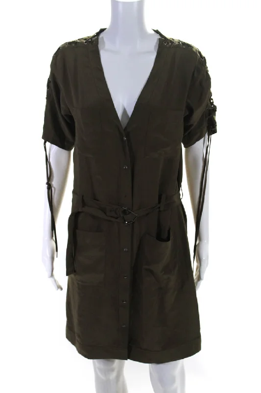 Special Discount Chloe Womens Silk V Neck Short Sleeves Button Down Dress Khaki Green Special Discount Chloe Womens Silk V Neck Short Sleeves Button Down Dress Khaki Green