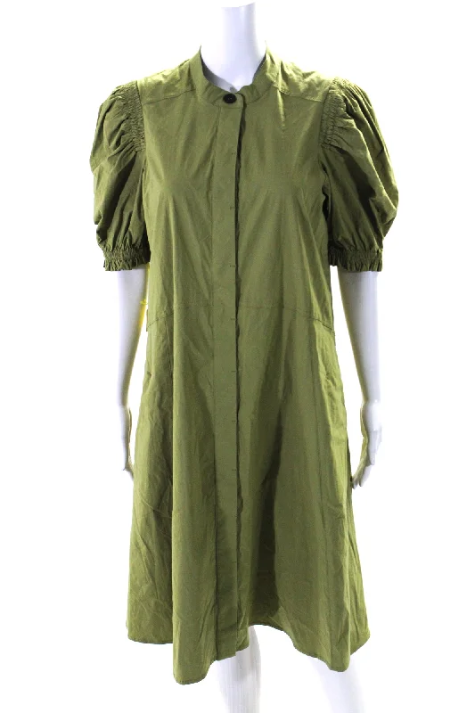 Limited Stock Foil Womens Cotton Back in Business Button Down Trapeze Dress Leaf Green Limited Stock Foil Womens Cotton Back in Business Button Down Trapeze Dress Leaf Green