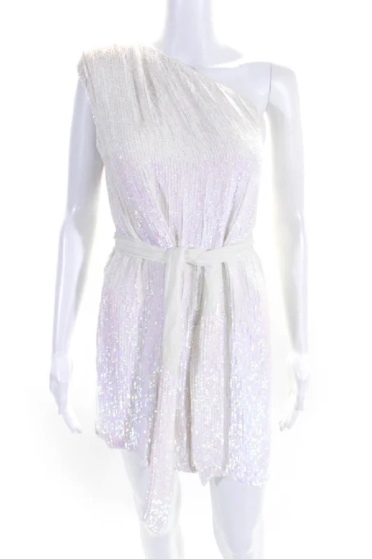 Special Price Retrofete Womens Iridescent Sequined One Shoulder Belted Zip Dress White