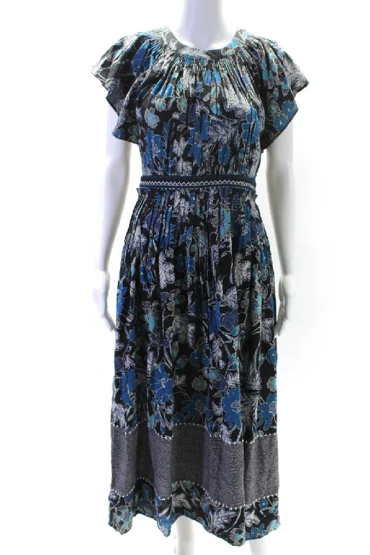 Daily Deals Ulla Johnson Womens Sleeveless Floral Print Back Zip Dress Blue Black