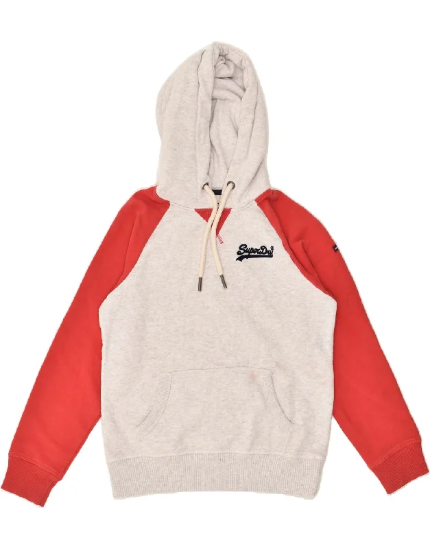 Stock Clearance SUPERDRY Womens Hoodie Jumper UK 12 Medium Grey Colourblock Cotton