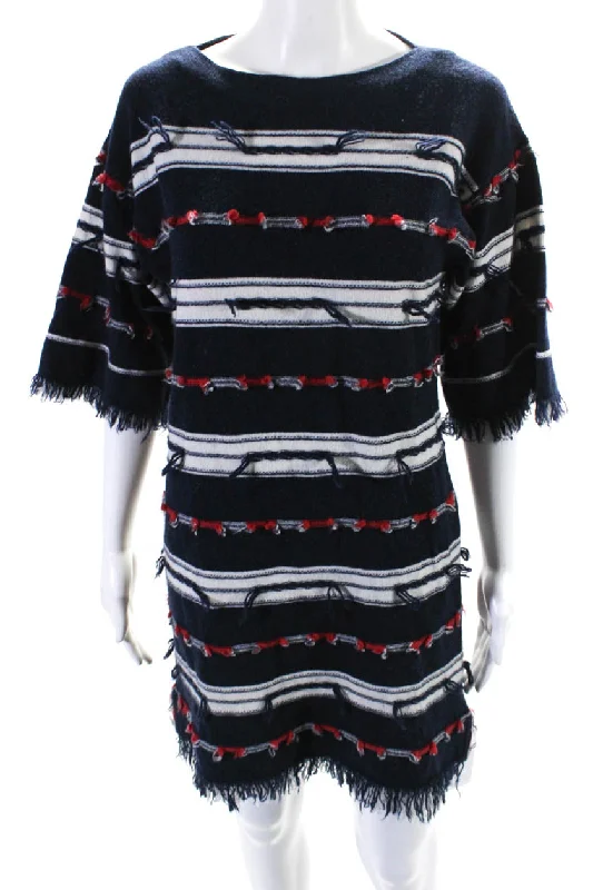 Deal Frenzy Barrie Womens Striped Short Sleeves Sweater Dress Navy Blue