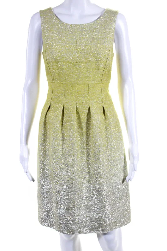Final Clearance Lela Rose Womens Silk Pleated Front Sleeveless Dress Yellow Silver Metallic