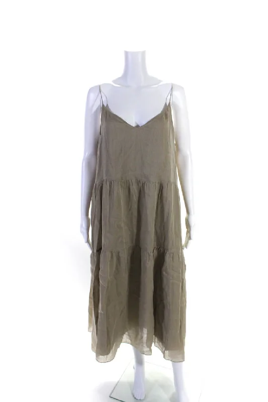 Special Discount Lafayette 148 Womens Tiered Spaghetti Strap V Neck Midi Dress Brown