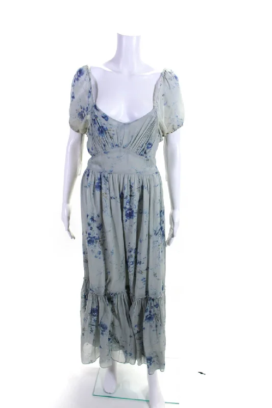 Crazy Deals Love Shack Fancy Women's Silk Floral Puff Sleeve Ruffle Maxi Dress Blue