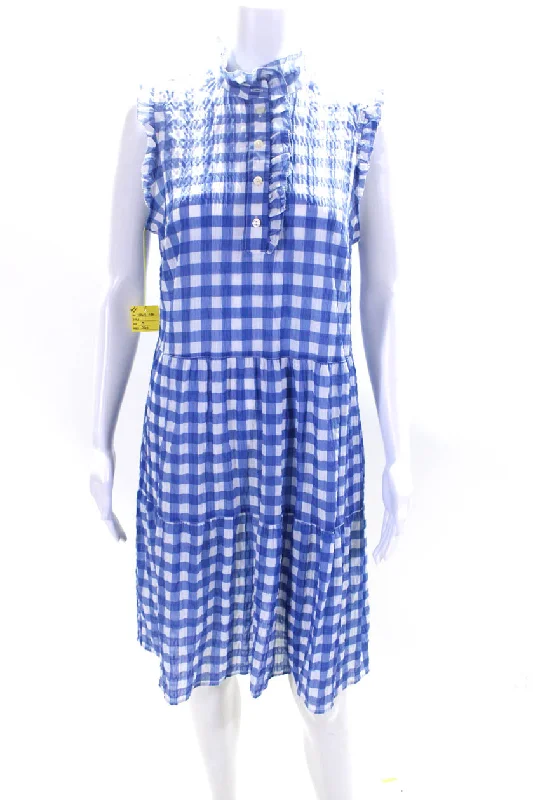 Limited Time 0039 Italy Womens Blue Gingham Ruffle Crew Neck Sleeveless Pompea Dress