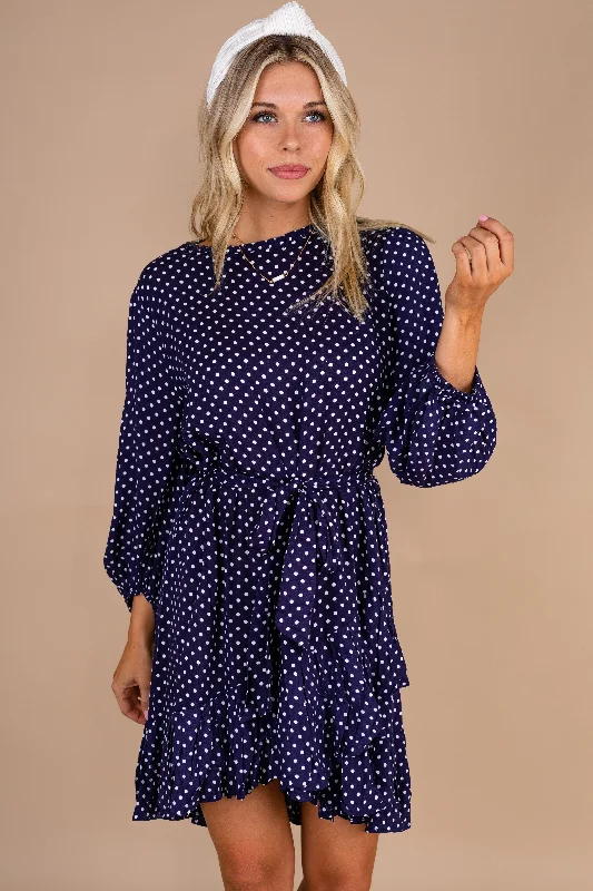 Act Fast The Time Is Now Navy Blue Polka Dot Dress