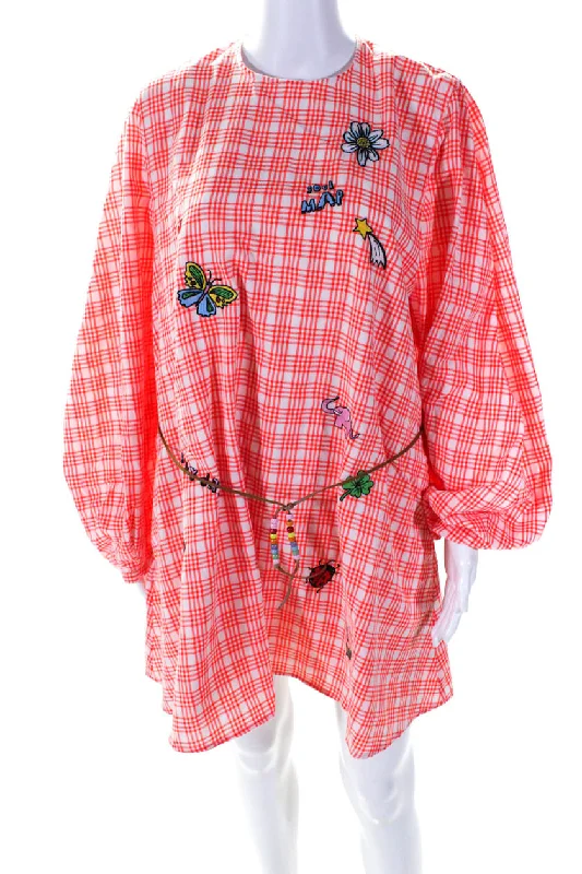 Stock Up and Save Mira Mikati Womens Belted Plaid Embroidered Short Dress Orange White Stock Up and Save Mira Mikati Womens Belted Plaid Embroidered Short Dress Orange White