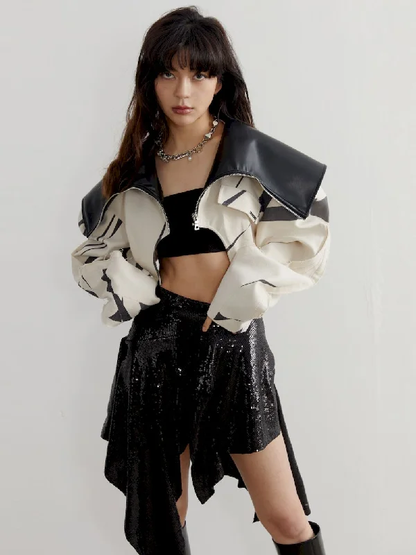 Incredible Offers Monotone Big-Collar Leather Short Jacket