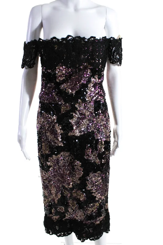 Instant Discount Marchesa Notte Womens Floral Sequin Sheath Black