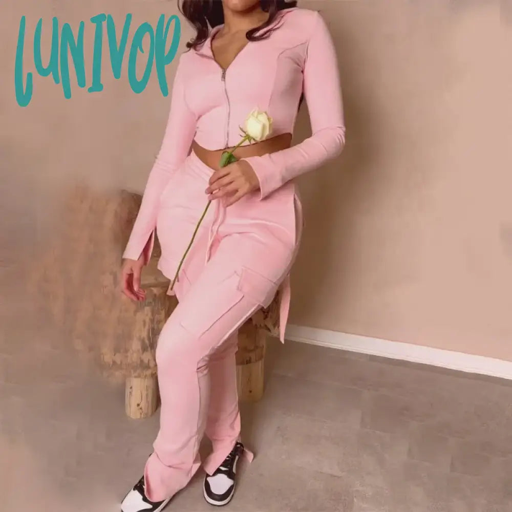 Savings Galore Lunivop Solid Women Casual Cargo Two Piece Set Autumn Tracksuits Long Sleeve Zip-Up Hooded Sweatshirts Crop Top Split Pants Jogger Suits