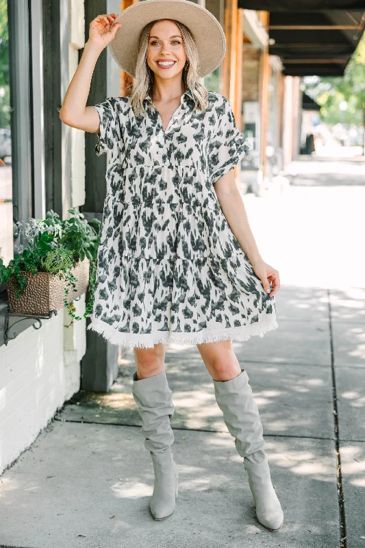 Stock Clearance Put On A Show Oatmeal White Animal Print Dress