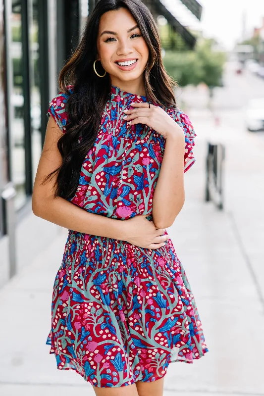 Lowest Price Treat Yourself Burgundy Red Floral Dress