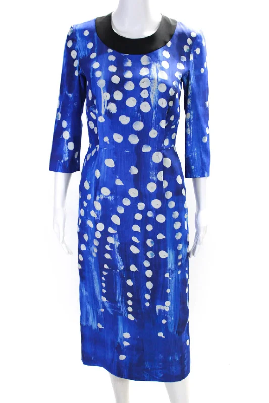 Limited Stock Marni Womens Blue Silk Printed Crew Neck 3/4 Sleeve Shift Dress