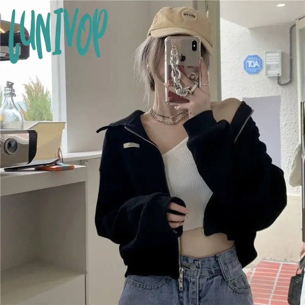 New Deals Lunivop Harajuku Streetwear Women Sweatshirts Korean Fashion Oversized Zip Up Cardigan Female Sportswear Casual Basic Crop Top